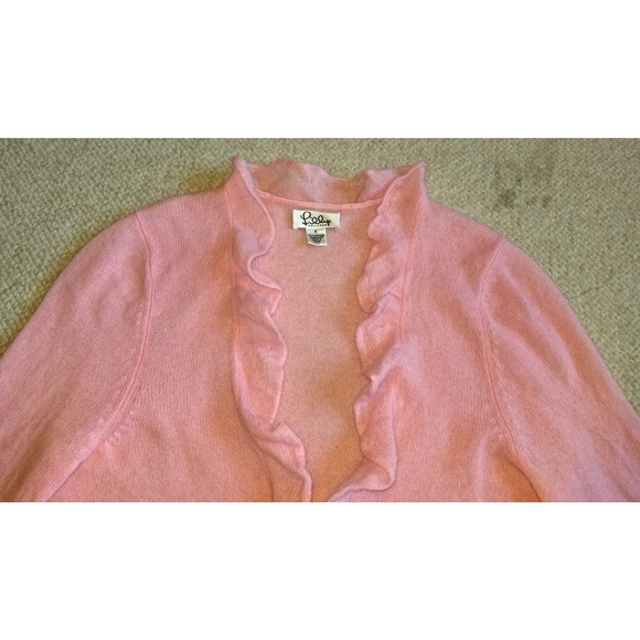 VINTAGE Womens Sweater-LILLY PULITZER-pink cashmere ruffled cardigan Preppy-S - Picture 2 of 5
